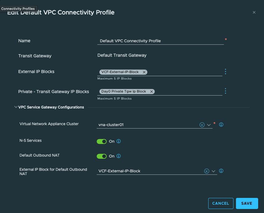 Default VPC Connectivity Profile with vna-cluster01 north-south services outbound NAT and external IP block selected