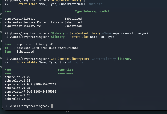 PowerCLI showing subscribed Supervisor libraries and downloaded Supervisor and Spherelet items