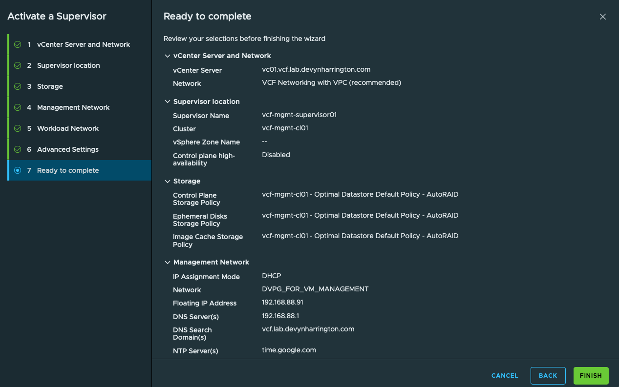 Supervisor activation summary with storage management workload and advanced settings