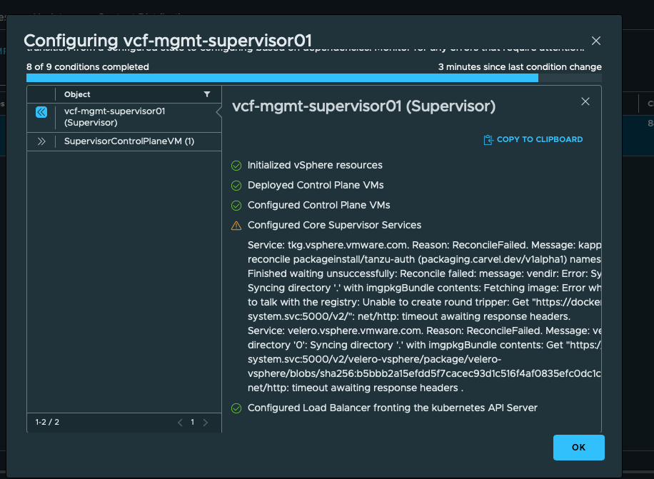 Supervisor core service configuration showing tanzu-auth and Velero reconciliation failures