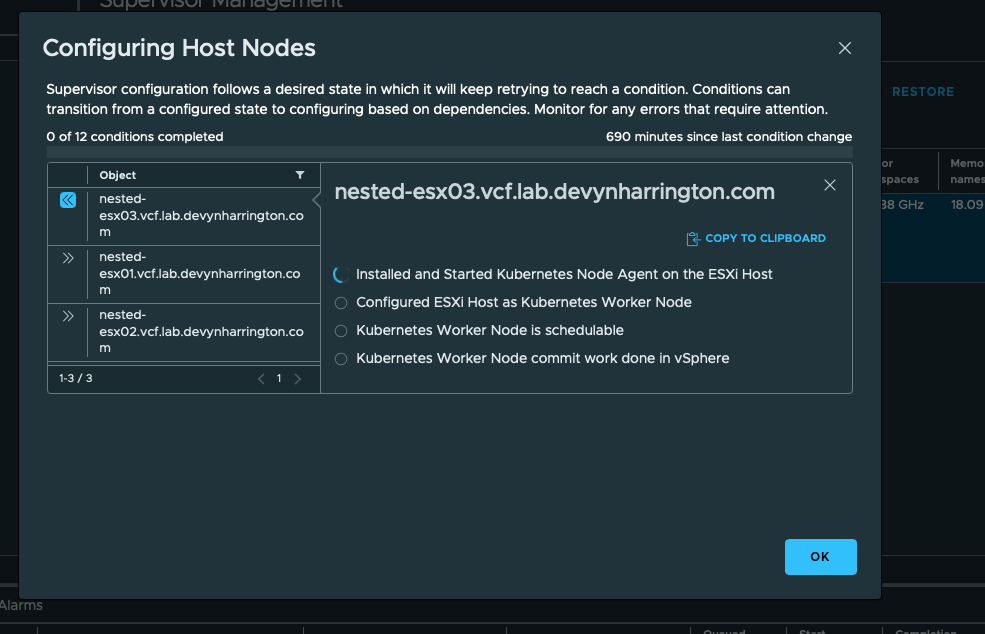 Supervisor Configuring Host Nodes dialog showing all three nested hosts stalled at 0 of 12 conditions