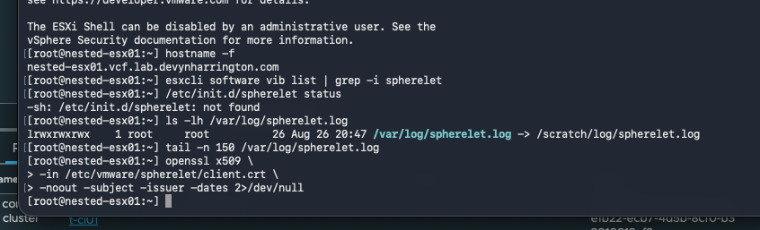Nested ESXi shell showing Spherelet absent or stopped with zero-byte configuration files
