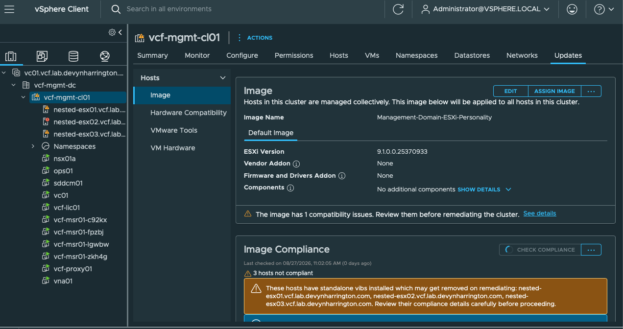 vSphere Lifecycle Manager image compliance warning for the Supervisor solution and nested ESXi hosts
