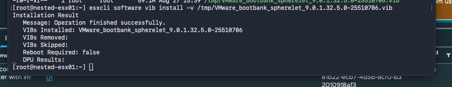 Nested ESXi shell showing successful installation and listing of the Spherelet VIB