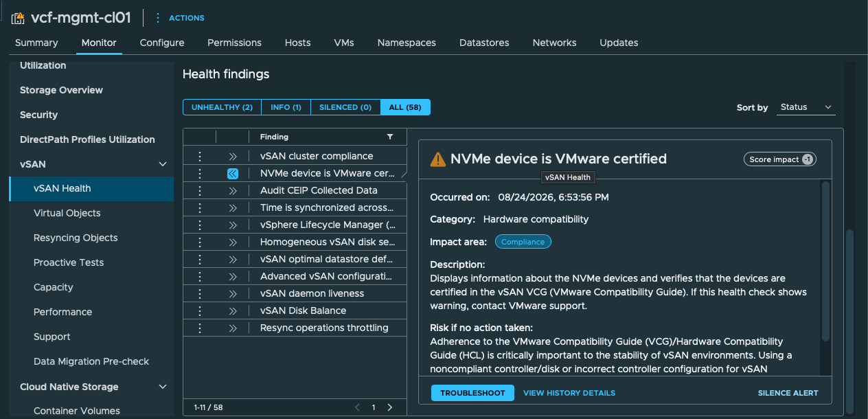 vSAN health finding showing the VMware virtual NVMe controller as not certified on three nested hosts