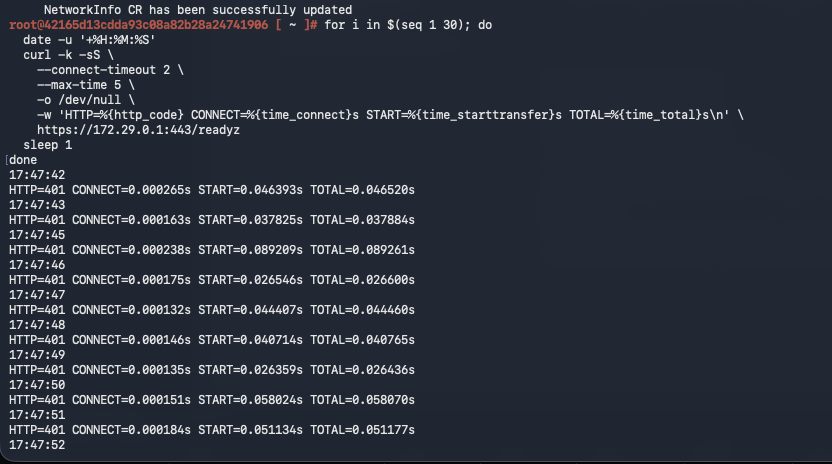 Supervisor control-plane shell repeatedly reaching the internal Kubernetes service endpoint