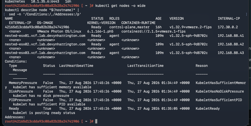 kubectl node output showing Supervisor nodes Ready with no memory disk or PID pressure