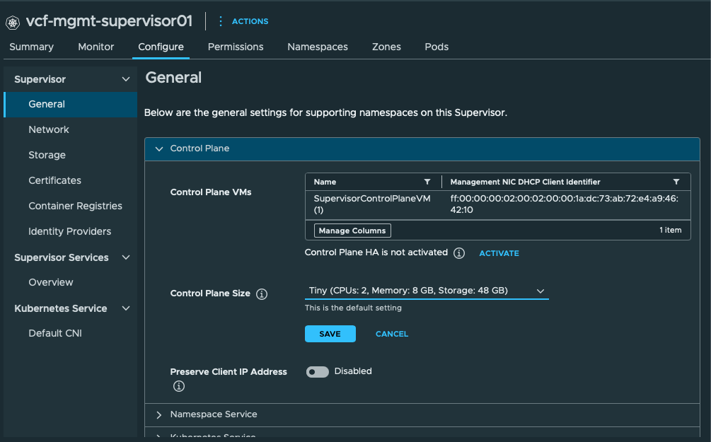 Supervisor General settings showing the original Tiny two-vCPU eight-GB control-plane size