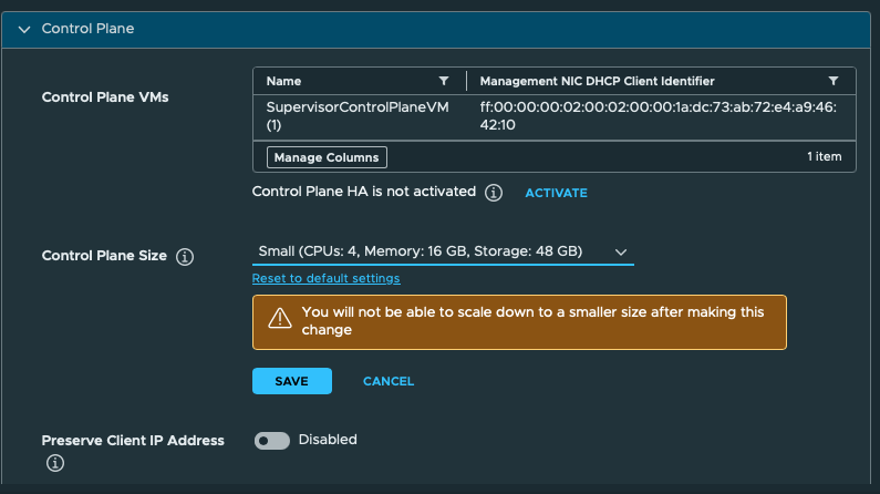 Supervisor control-plane resize dialog warning that the size cannot be scaled back down