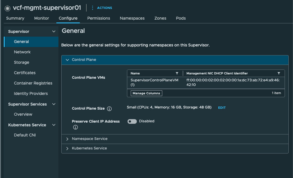 Supervisor General settings showing the Small four-vCPU sixteen-GB control-plane size