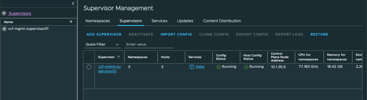 vSphere Supervisor Management showing Config Status and Host Config Status both Running