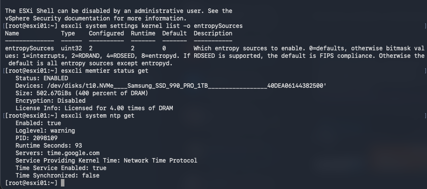 ESXi shell showing entropySources set to 2, NVMe Memory Tiering enabled at 400 percent, and synchronized NTP