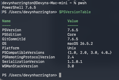 macOS Terminal running PowerShell 7.6.5 natively on ARM64