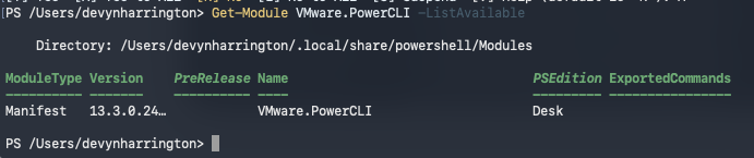 PowerShell showing VMware PowerCLI 13.3.0 installed for the current macOS user