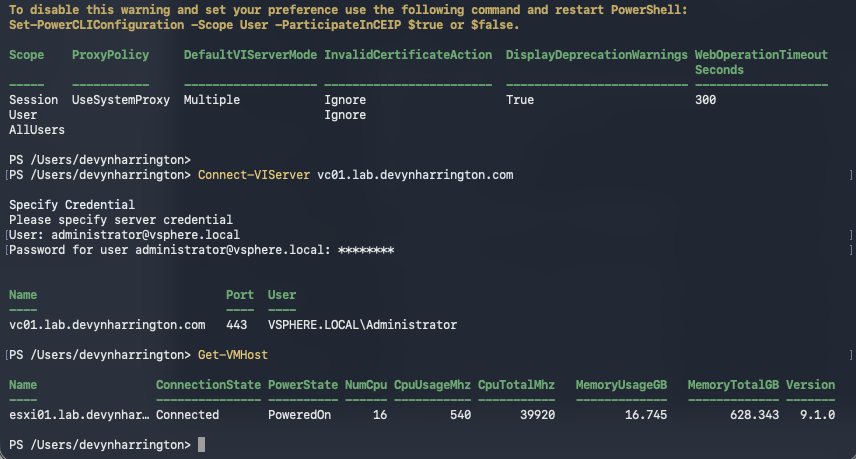 PowerCLI connected to the physical vCenter and reporting the ESXi host capacity