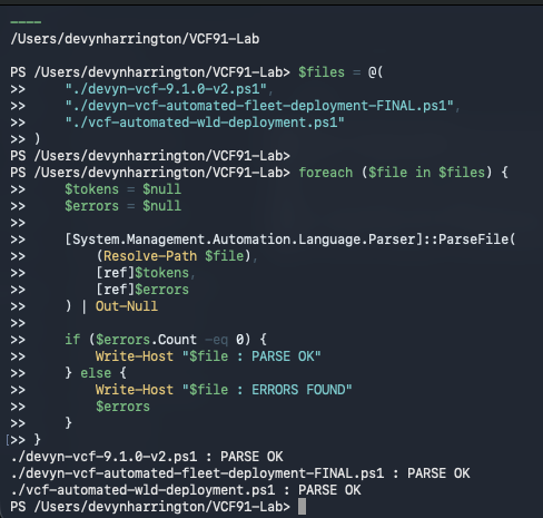 PowerShell parser reporting PARSE OK for the three VCF deployment scripts