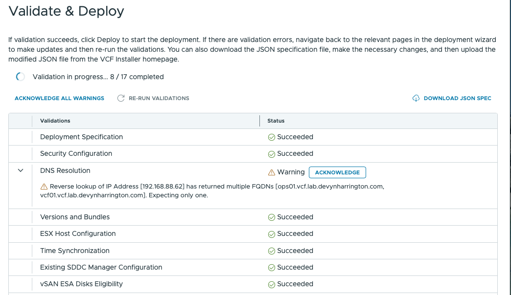 VCF Installer DNS Resolution validation warning reporting that 192.168.88.62 returned both ops01 and vcf01 FQDNs