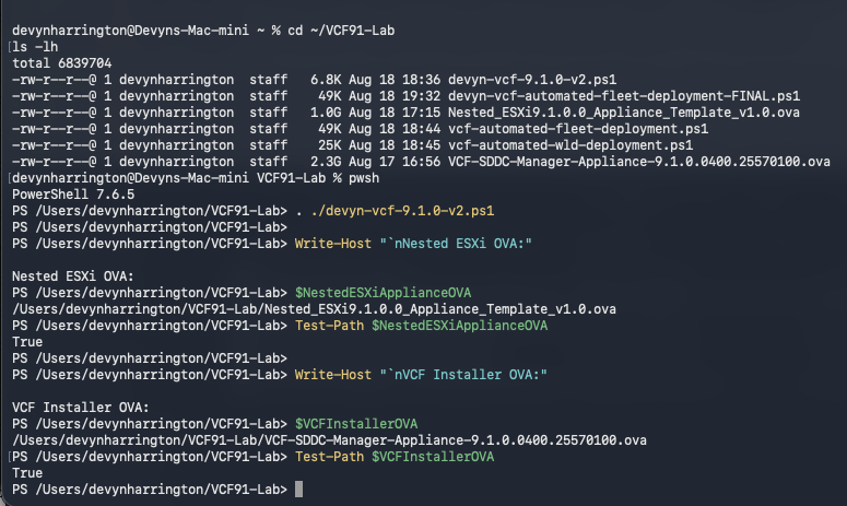 PowerShell showing valid local paths for the Nested ESXi appliance and VCF Installer OVA