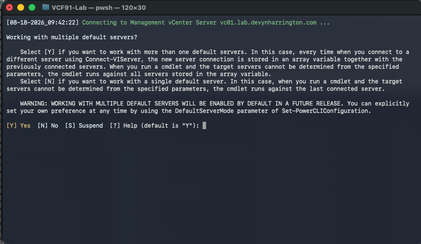 PowerCLI multiple default server behavior prompt at the beginning of the VCF script run