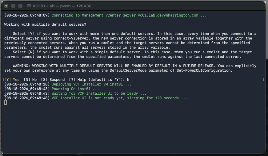 PowerShell automation reporting that the VCF Installer VM deployment and guest configuration completed