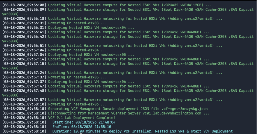 PowerShell showing William Lam's VCF Fleet deployment script completing after deploying six nested ESXi hosts and generating the management-domain JSON
