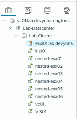 Physical vCenter inventory showing the VCF Installer and six nested ESXi virtual machines