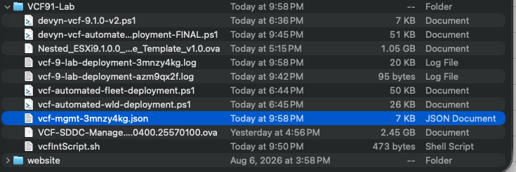 macOS Finder showing the generated vcf-mgmt-3mnzy4kg.json management-domain specification beside the VCF deployment scripts and logs