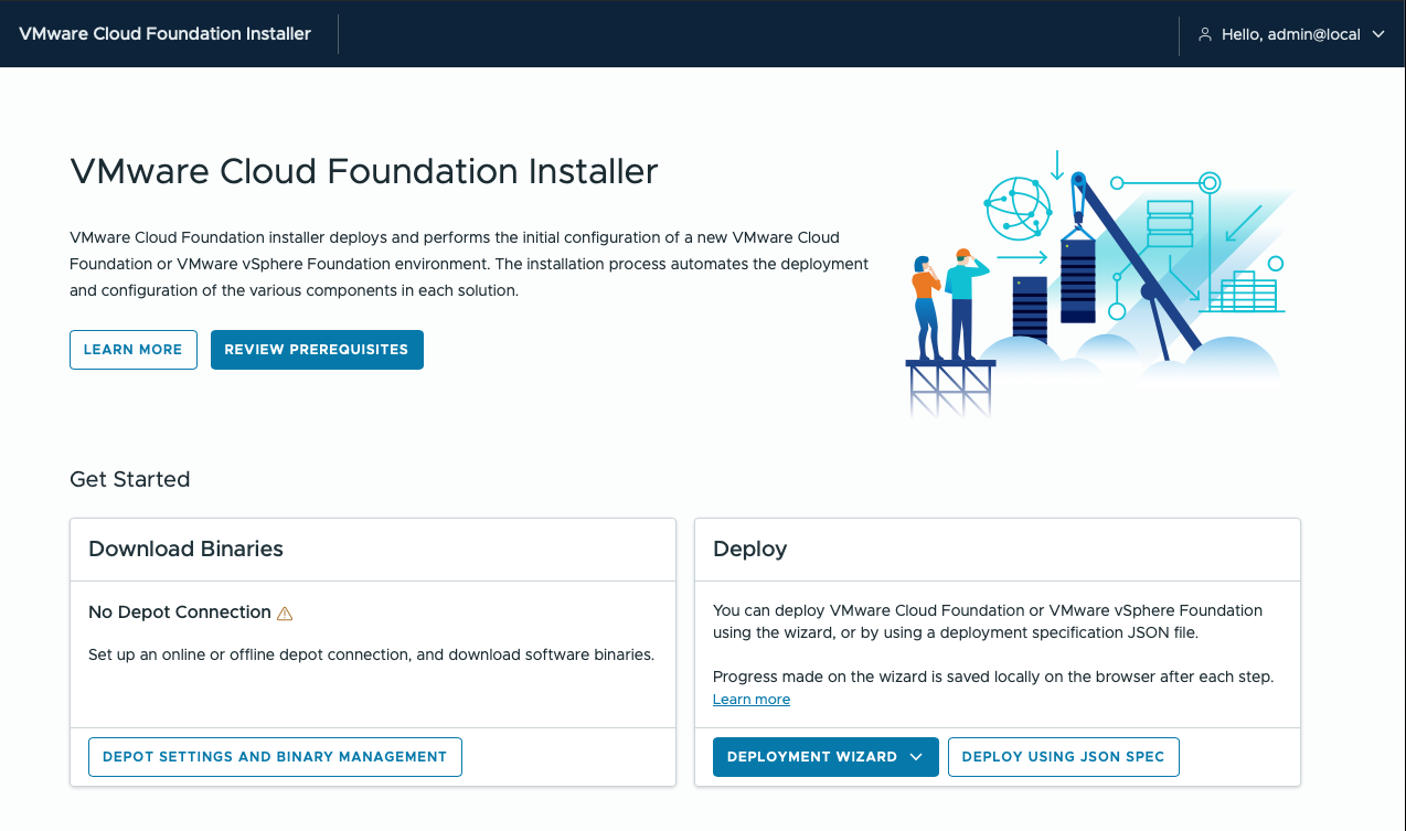 VCF Installer home page before depot configuration or management-domain deployment