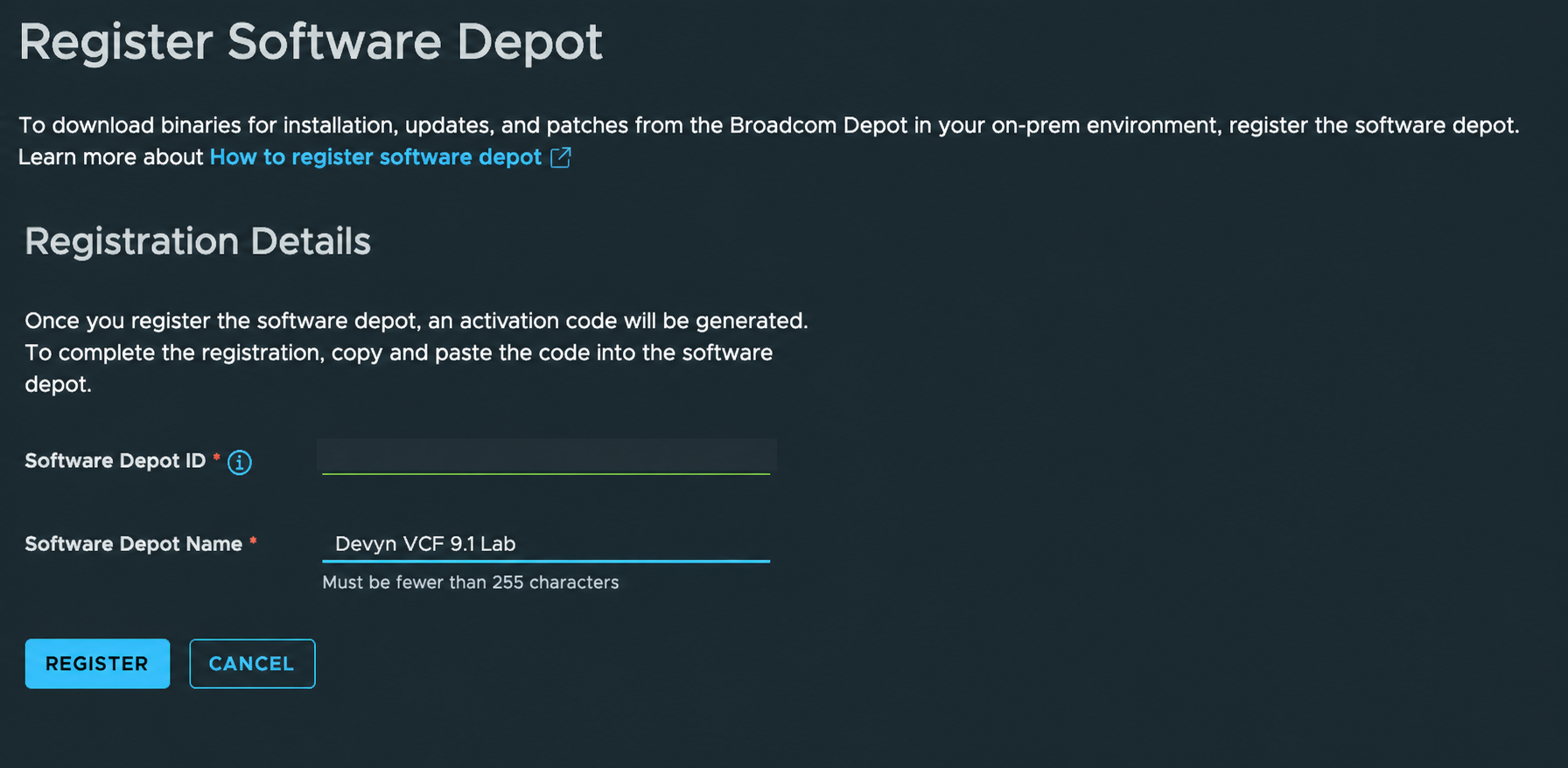 Broadcom Business Services Console Register Software Depot form with the VCF Installer Download Service ID redacted and a descriptive depot name entered