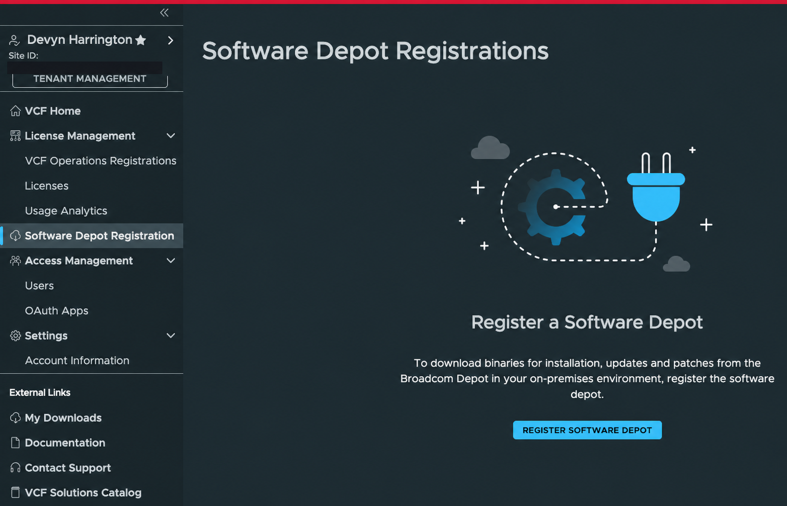 Broadcom Business Services Console with Software Depot Registration selected and the Register Software Depot button visible, with the Site ID redacted