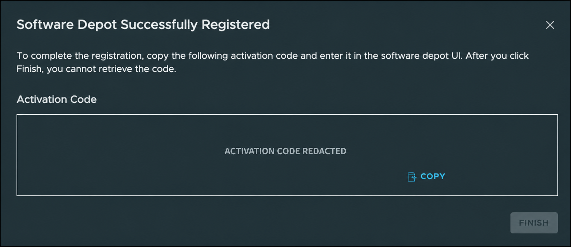 Broadcom Business Services Console confirming successful Software Depot registration with the one-time activation code fully redacted