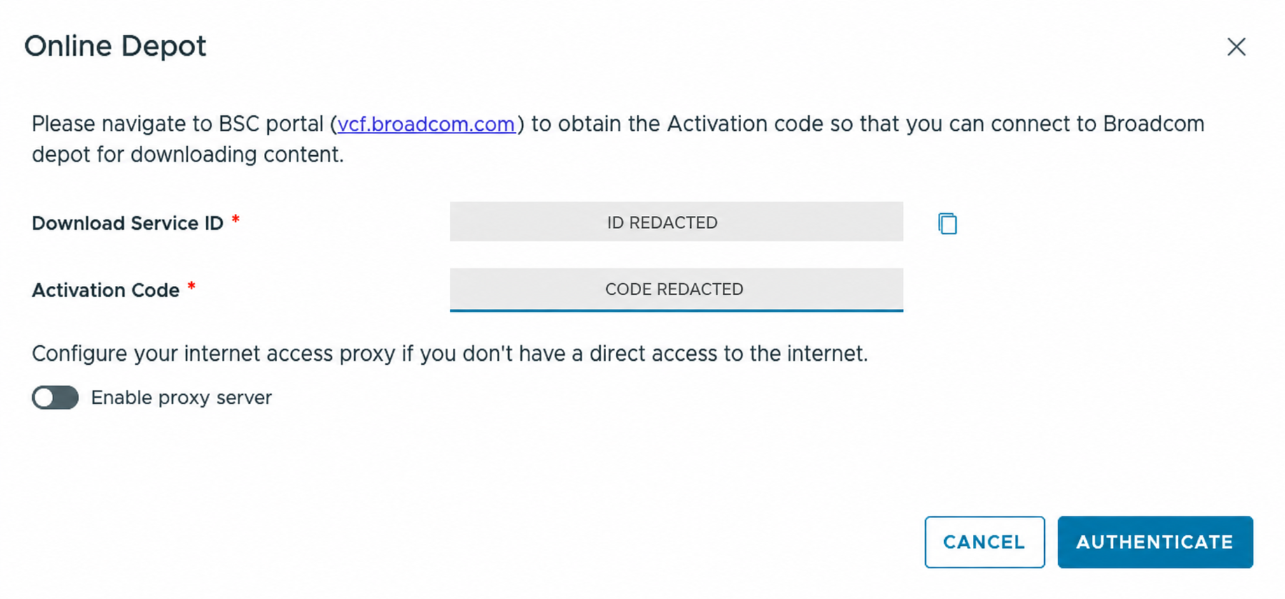VCF Installer Online Depot dialog with the Download Service ID and pasted activation code fully redacted before authentication