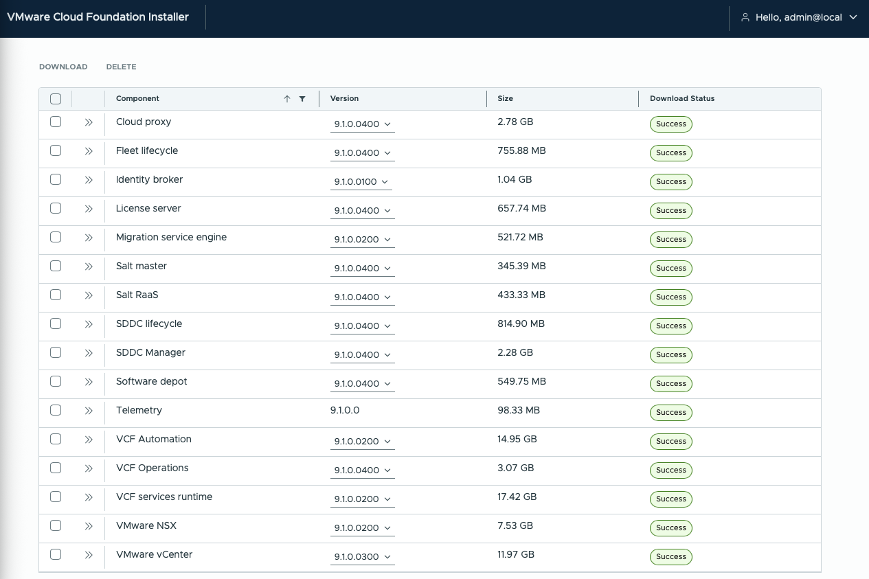 VCF Installer Binary Management page showing every required VCF 9.1 component with a successful download status