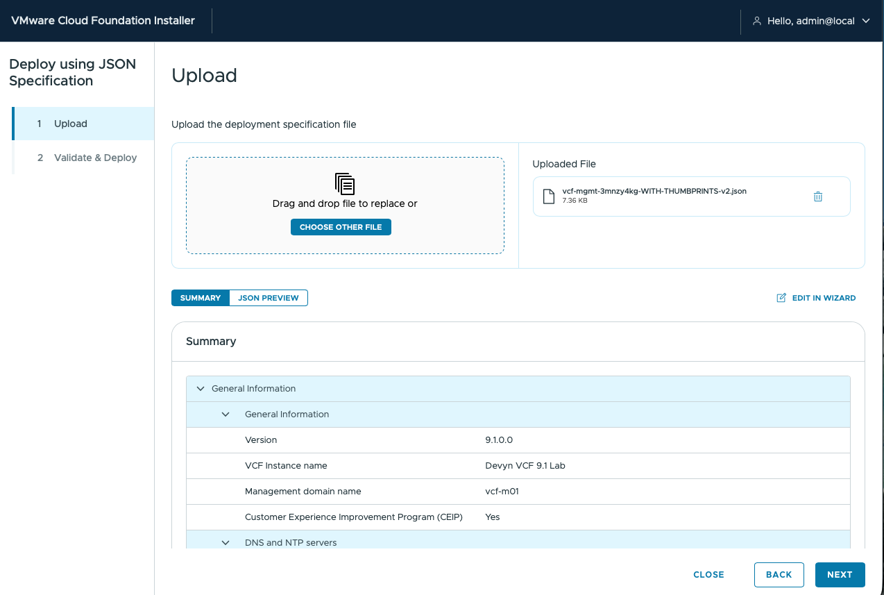 VCF Installer Deploy Using JSON Spec wizard with the deployment specification uploaded