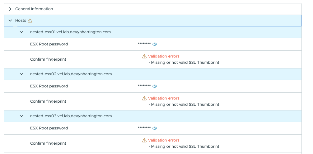 VCF Installer validation errors reporting missing SSL thumbprints for all three nested ESXi management hosts