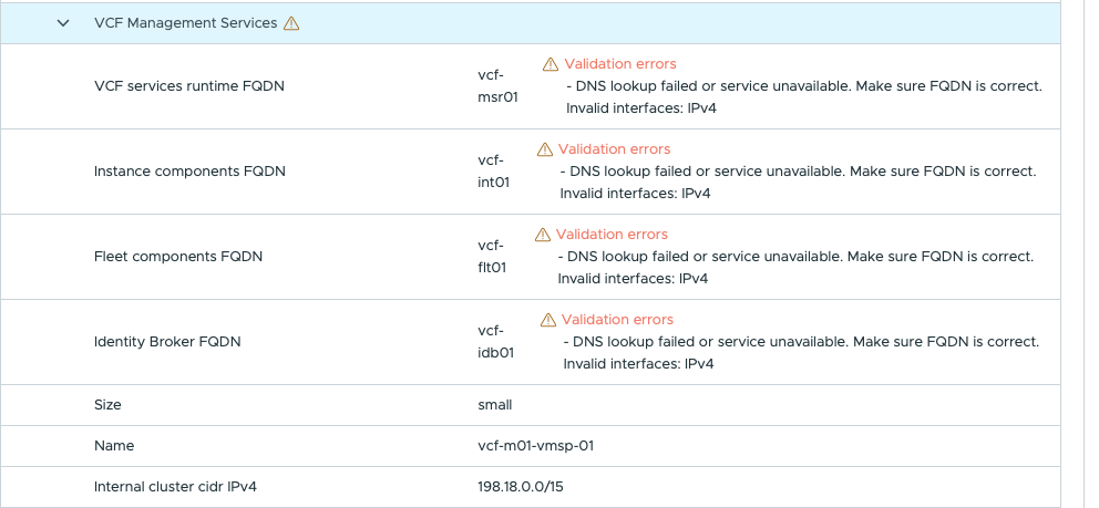 VCF Installer validation errors showing unresolved Management Services Runtime, Operations instance, Fleet, and Identity Broker names