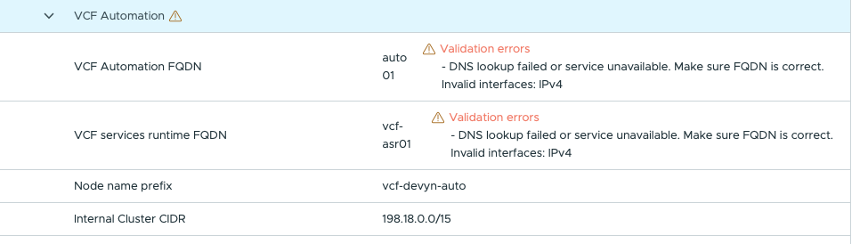 VCF Installer validation errors showing unresolved VCF Automation and Automation services-runtime names