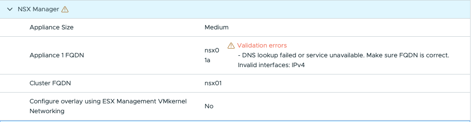 VCF Installer validation error showing the unresolved NSX Manager node name