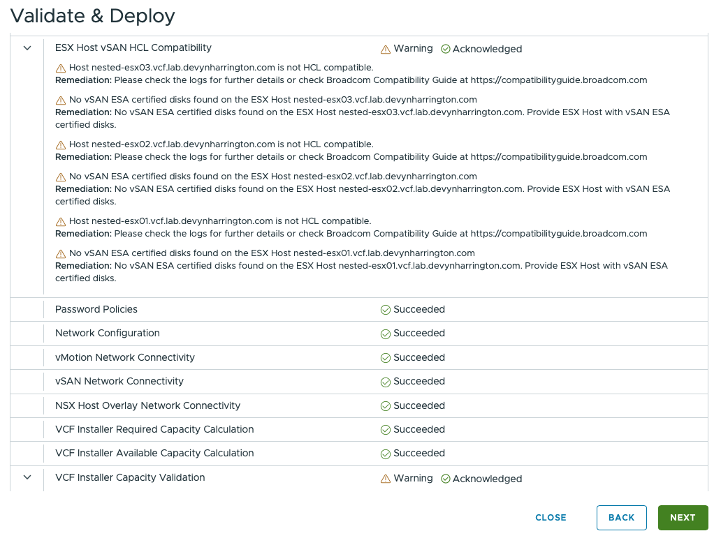 VCF Installer final validation screen with successful checks, the expected nested vSAN HCL and capacity warnings acknowledged, and Next enabled
