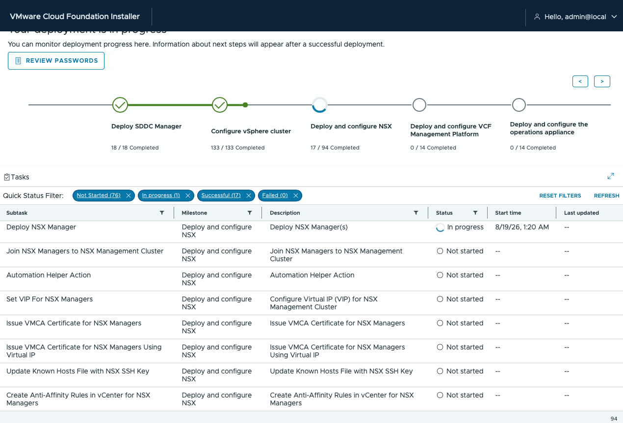 VCF Installer showing SDDC Manager and vSphere cluster configuration complete while NSX deployment is in progress