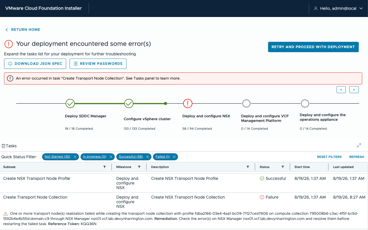 VCF Installer reporting a failure while creating the NSX Transport Node Collection