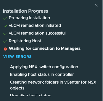 NSX installation progress stalled while waiting for a host connection to managers