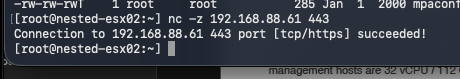 ESXi shell showing successful TCP connectivity from a nested host to the NSX Manager node