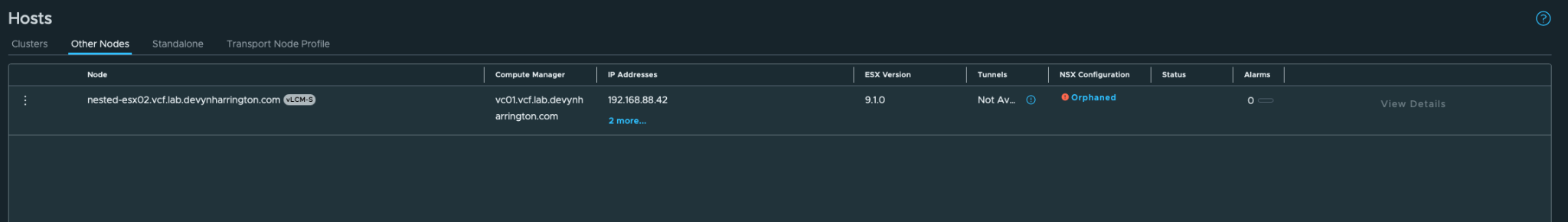 NSX Manager Other Nodes tab showing nested-esx02 as an orphaned host after it was moved out of the management cluster