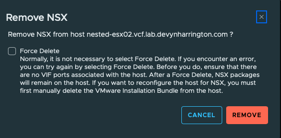 NSX Manager Remove NSX dialog for nested-esx02 with the Force Delete option visible