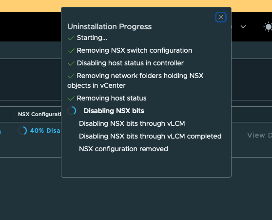 NSX Manager uninstallation progress while removing NSX components from nested-esx02