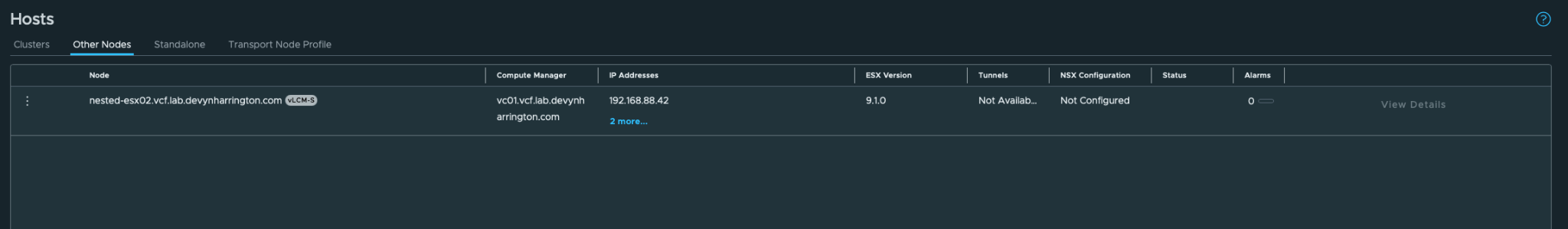 NSX Manager Other Nodes tab showing nested-esx02 with an NSX Configuration status of Not Configured