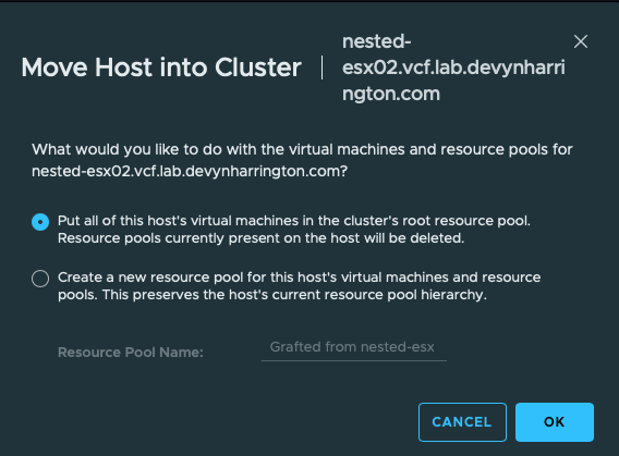 vSphere dialog moving the cleaned nested ESXi host back into vcf-mgmt-cl01