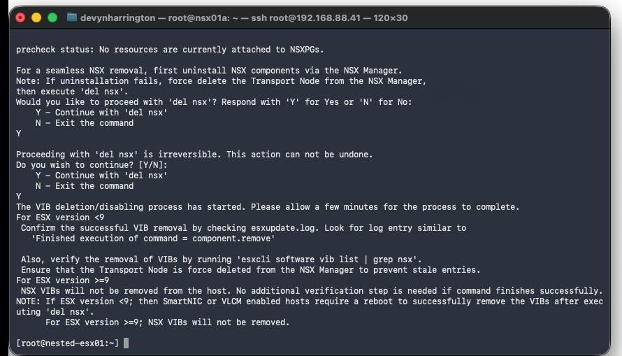 ESXi shell running nsxcli local NSX removal after prechecks