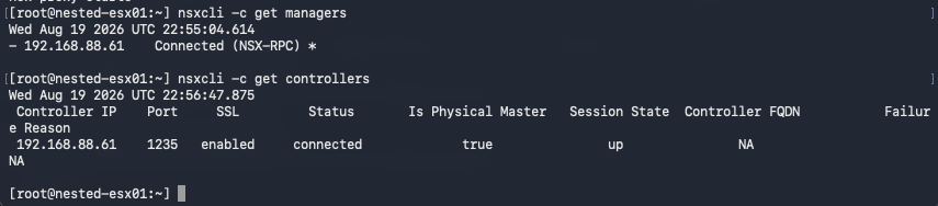 ESXi NSX CLI showing connected manager and controller sessions to 192.168.88.61